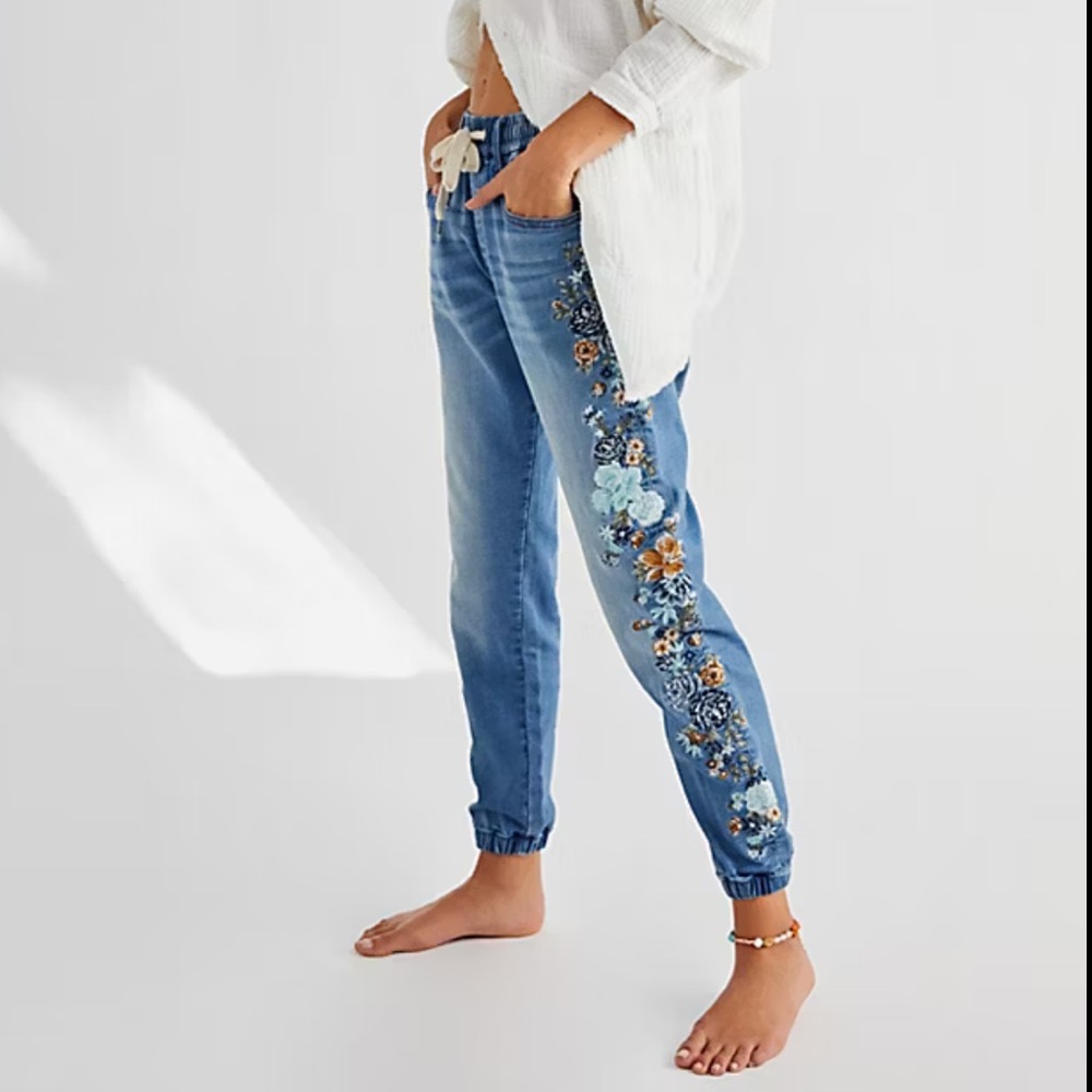 Driftwood x Free People Embroidered Denim Joggers. NWT. Size Large.